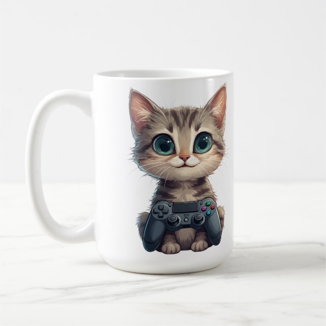 Cute Kitten Holding Game Controller Gamer Cat Coffee Mug (Left)