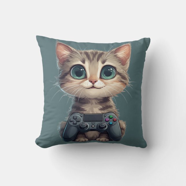Cute Kitten Holding Game Controller Gamer Cat Cushion (Front)