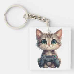 Cute Kitten Holding Game Controller Gamer Cat Key Ring