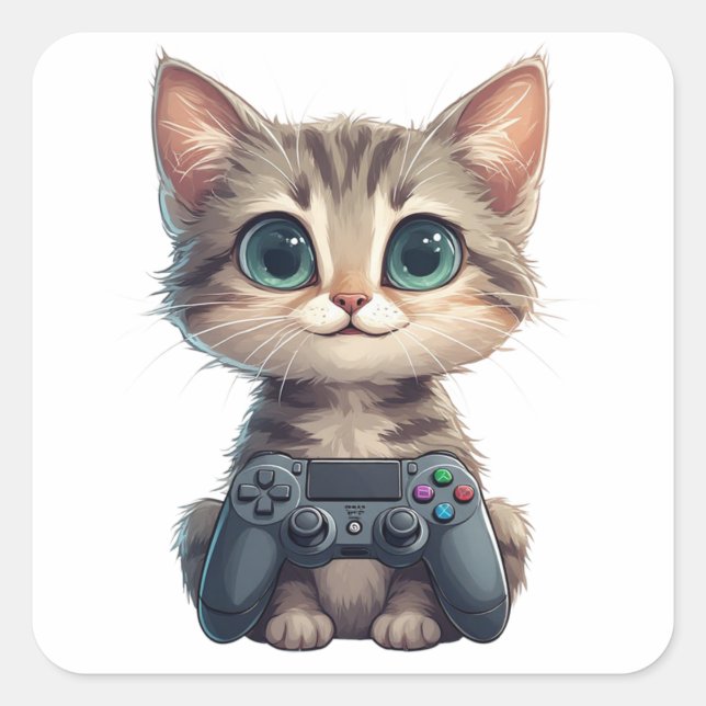 Cute Kitten Holding Game Controller Gamer Cat Square Sticker (Front)