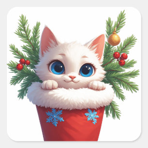 ❄️ Cute Kitten Holiday Stocking Peek 🐾 Square Sticker