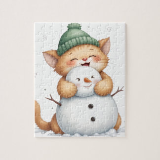 Cute Kitten Hugs Snowman Puzzle –  Jigsaw for Kids