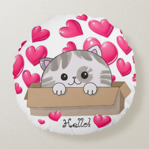 Cute kitten in a box and pink hearts round cushion