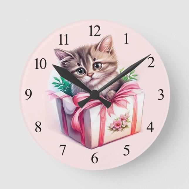 Cute Kitten in a Box Birthday Gift Round Clock (Front)