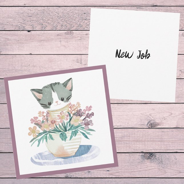 Cute Kitten In A Pot Of Flowers Cat New Job Card (Front And Back)