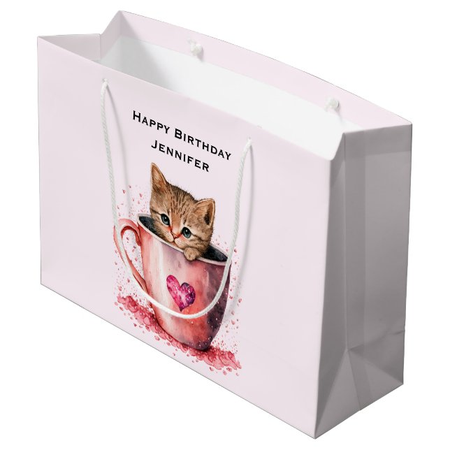Cute Kitten in a Teacup with Hearts Birthday Large Gift Bag (Back Angled)