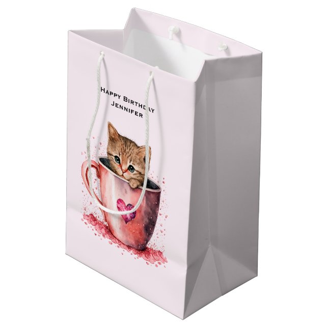 Cute Kitten in a Teacup with Hearts Birthday Medium Gift Bag (Back Angled)