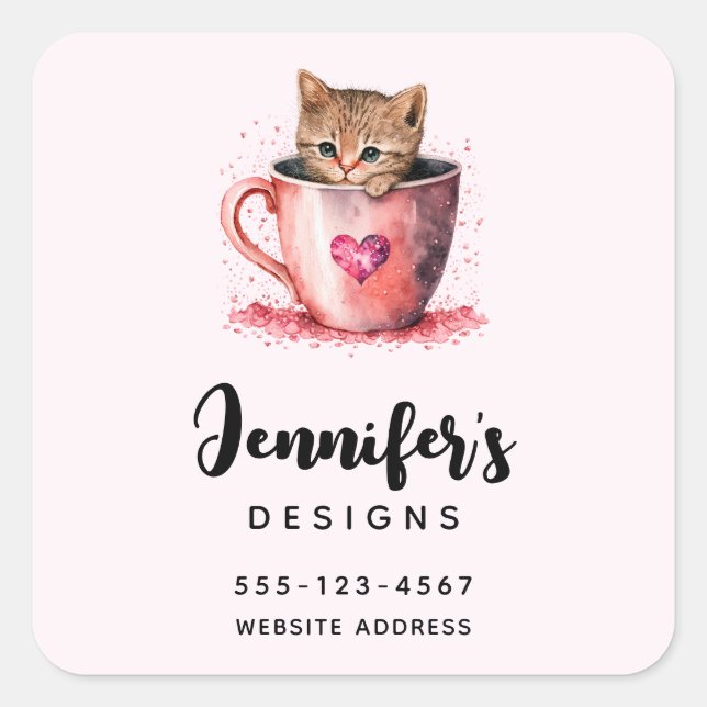 Cute Kitten in a Teacup with Hearts Business Square Sticker (Front)