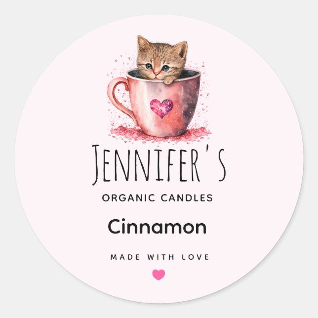 Cute Kitten in a Teacup with Hearts Candle Craft Classic Round Sticker (Front)