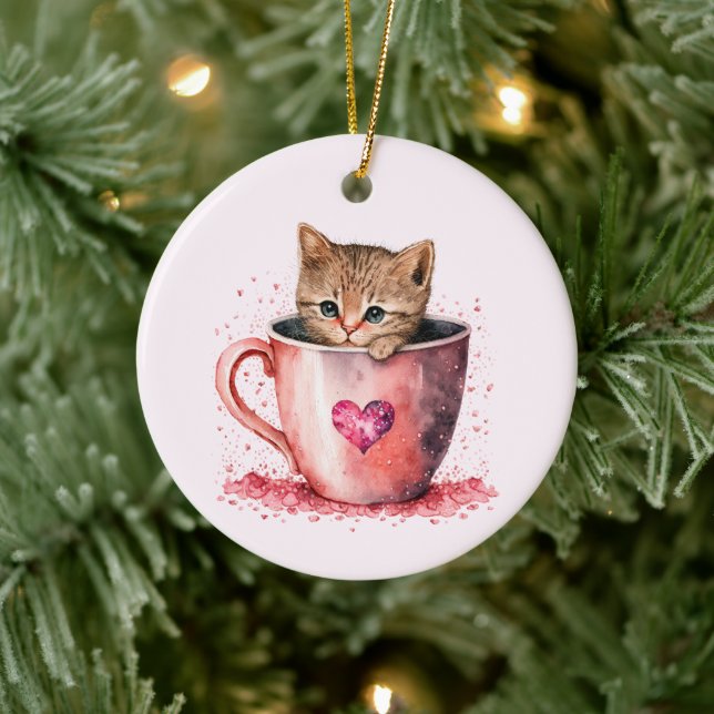 Cute Kitten in a Teacup with Hearts Ceramic Ornament (Tree)
