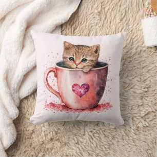 Cute Kitten in a Teacup with Hearts Cushion