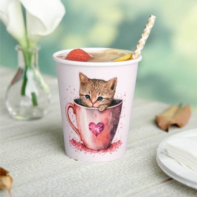 Cute Kitten in a Teacup with Hearts Paper Cups (Insitu)
