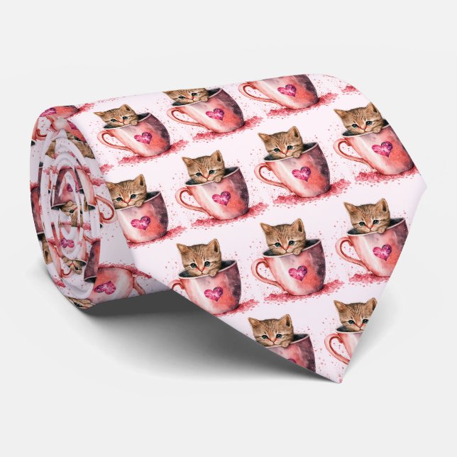 Cute Kitten in a Teacup with Hearts Pattern Tie (Rolled)