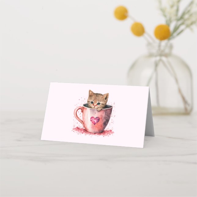 Cute Kitten in a Teacup with Hearts Place Card (Front)