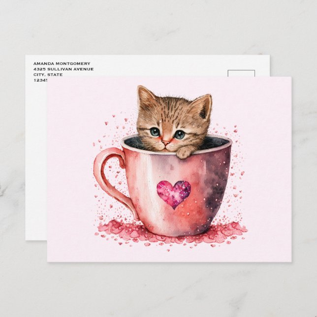 Cute Kitten in a Teacup with Hearts Postcard (Front/Back)