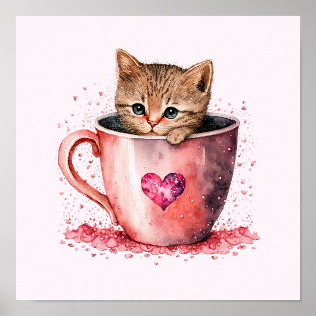 Cute Kitten in a Teacup with Hearts Poster (Front)