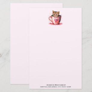 Cute Kitten in a Teacup with Hearts Stationery