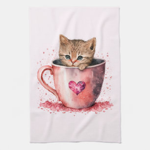 Cute Kitten in a Teacup with Hearts Tea Towel