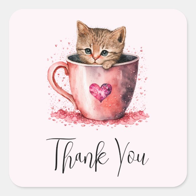 Cute Kitten in a Teacup with Hearts Thank You Square Sticker (Front)