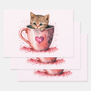 Cute Kitten in a Teacup with Hearts Wrapping Paper Sheet