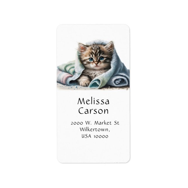 Cute Kitten in a Towel Label (Front)