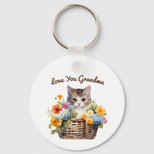Cute Kitten in Basket of Flowers Key Ring
