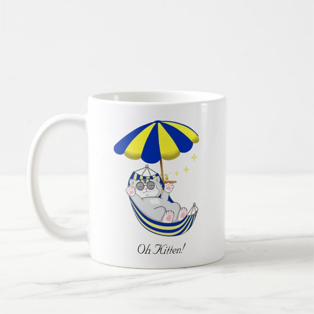 Cute Kitten in Blue & Yellow Hammock Coffee Mug (Left)