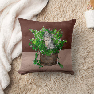 Cute Kitten in Catnip Antique Pot   Cushion