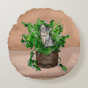 Cute Kitten in Catnip Antique Pot Round Cushion