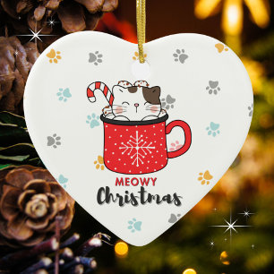 Cute Kitten in Coffee Cup Meowy Christmas Ceramic Ornament
