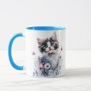 Cute Kitten in Flowers Painted Mug