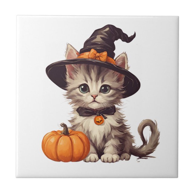 Cute Kitten in Halloween Witch Costume  Ceramic Tile (Front)
