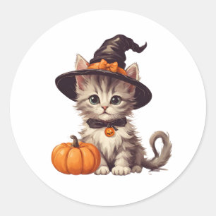 Cute Kitten in Halloween Witch Costume  Classic Round Sticker