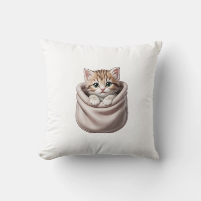 Cute Kitten in Pocket Design, Adorable Cat Artwork Cushion (Front)