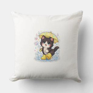 Cute Kitten in Rainy Day with Yellow Umbrella Cushion