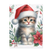 Cute Kitten In Santa Hat Christmas Postcard