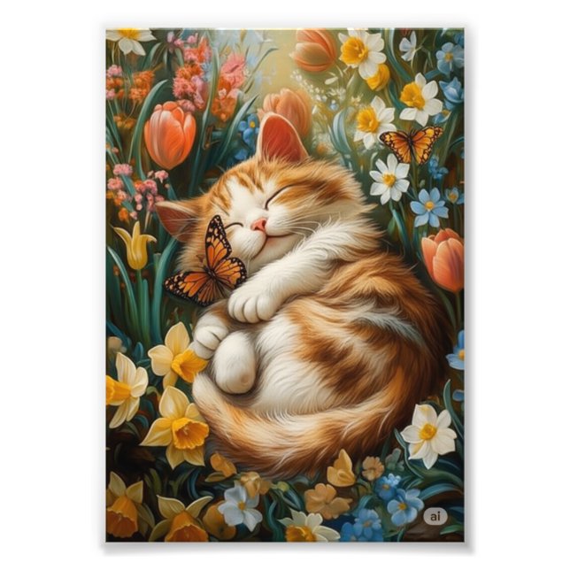 Cute Kitten in Spring Flowers – Perfect Cat Day Photo Print (Front)