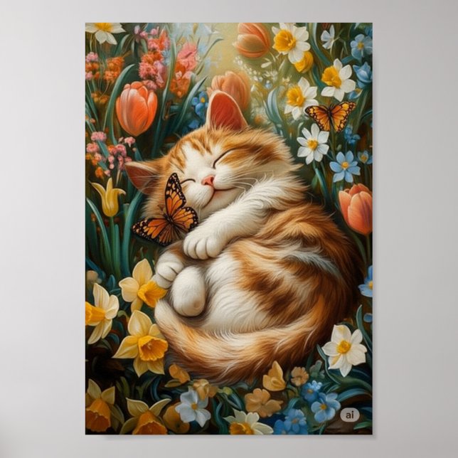 Cute Kitten in Spring Flowers – Perfect Cat Day Poster (Front)