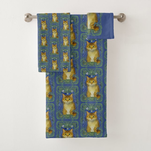 Cute Kitten in Vintage Art Nouveau Style Bath Towel Set (Insitu)