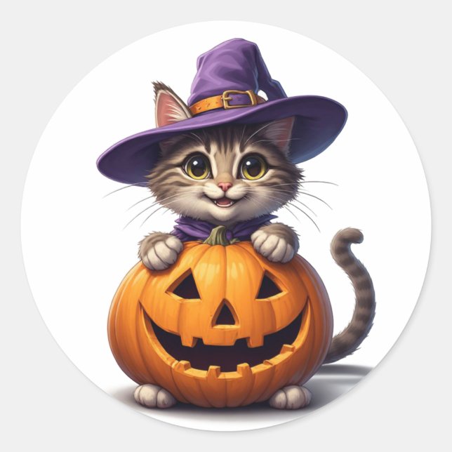 Cute Kitten In Witch Hat With Pumpkin 👻 Classic Round Sticker (Front)