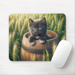 Cute Kitten In Wooden Barrel Mouse Pad