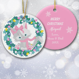 Cute Kitten in Wreath Ceramic Ornament