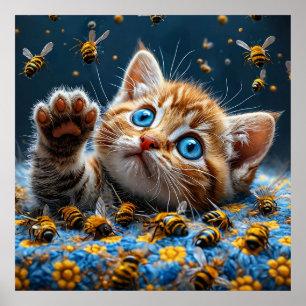 Cute Kitten Interacting with Bees Poster