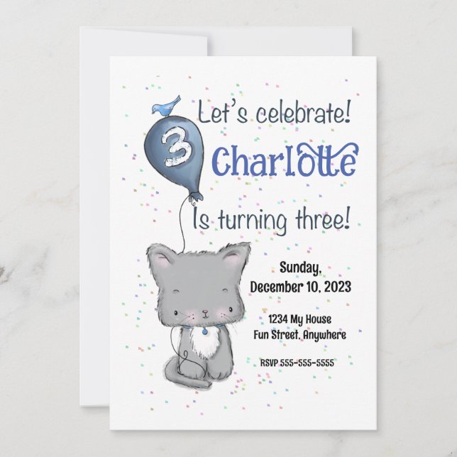Cute Kitten Kids Birthday Invitation, Customisable Invitation (Front)
