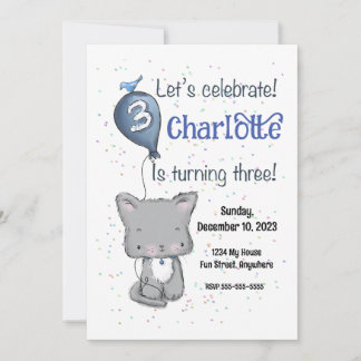 Cute Kitten Kids Birthday Invitation, Customisable Invitation