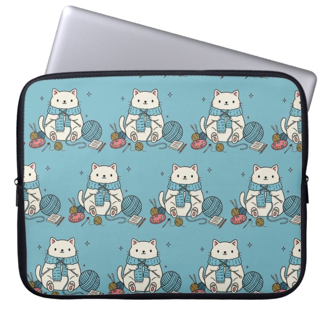 Cute Kitten Knitting Blue Pattern Tech Accessory Laptop Sleeve (Front)