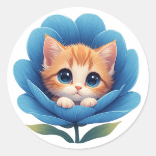 Cute Kitten Nestled in a Flower Bloom Classic Round Sticker