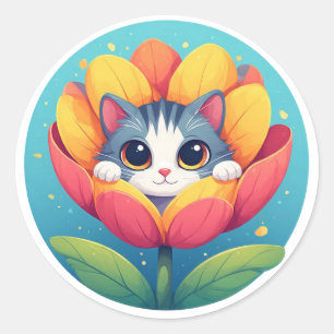 Cute Kitten Nestled in a Flower Bloom Classic Round Sticker