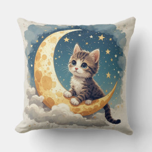 Cute Kitten on a Crescent Moon With Stars Cushion