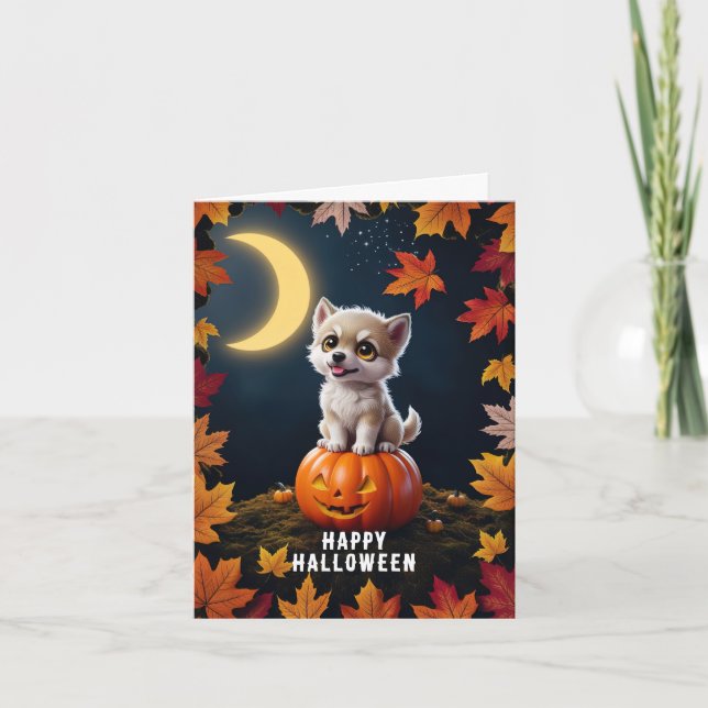 Cute Kitten on a Pumpkin with Fall Leaves Card (Front)